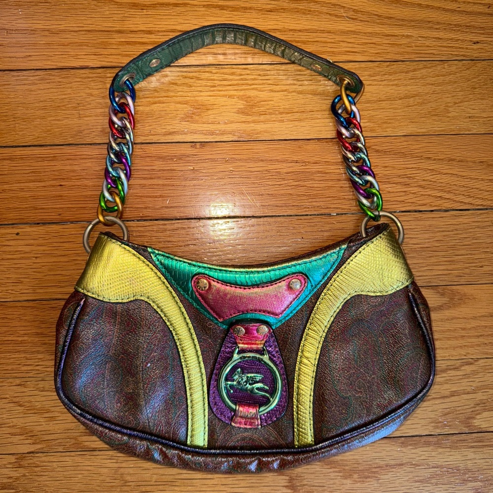 Etro Multicolor Paisley Print Coated Canvas and Leather Shoulder Bag Vintage - Picture 1 of 4